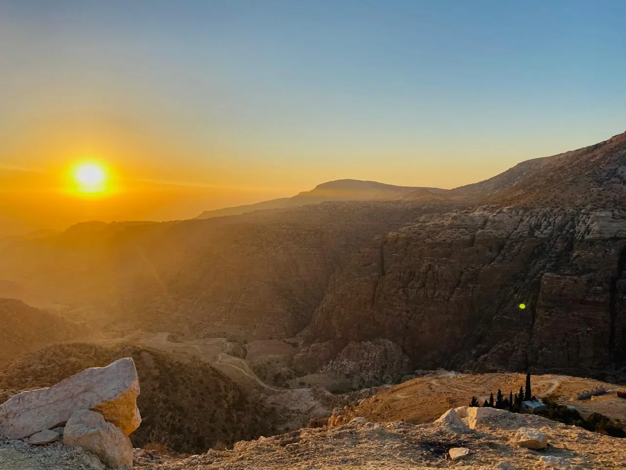 Mountains and canyons of the Dana Biosphere Reserve in Jordan in evening light
